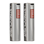 Two silver Streamlight USB flash drives standing side by side, showing cylindrical metal bodies with black branding and red USB labels.