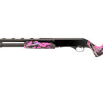 Pump-action shotgun with pink camouflage pattern on the stock and fore-end.