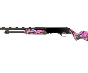 Pump-action shotgun with pink camouflage pattern on the stock and fore-end.