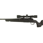 Side view of a black bolt-action rifle with a scope and adjustable buttstock.