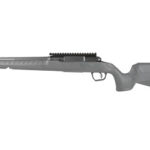 Long-barreled rifle with a textured gray stock and a top Picatinny rail.
