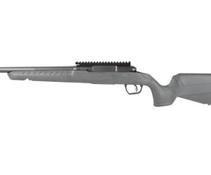 Long-barreled rifle with a textured gray stock and a top Picatinny rail.