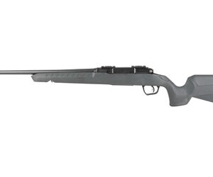 Gray bolt-action rifle with a long barrel and synthetic stock