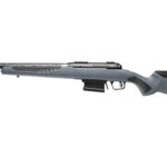 Bolt-action rifle with a scope mounted on top, shown in profile with a gray stock and black butt pad.