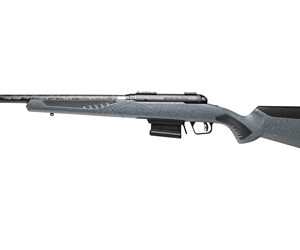 Bolt-action rifle with a scope mounted on top, shown in profile with a gray stock and black butt pad.