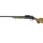 Bolt-action hunting rifle with a camouflaged stock and long barrel.