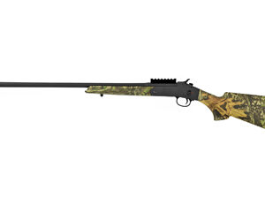 Bolt-action hunting rifle with a camouflaged stock and long barrel.