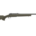 Bolt-action hunting rifle with an olive-green stock and long barrel lying horizontally
