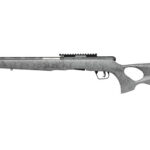 Gray bolt-action rifle shown in profile with a long barrel, top rail for optics, and a fixed stock.