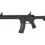 Black semi-automatic rifle with a long barrel, quad rails on the handguard, pistol grip, and adjustable folding stock.