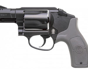 Side view of a compact revolver pistol with a black metal frame and gray textured grip