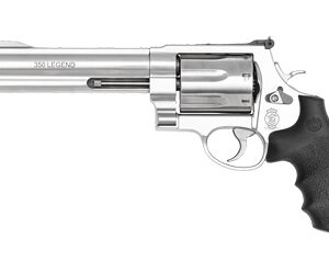 Side view of a silver revolver with a long barrel and black textured grip.