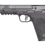 Side view of a black semi-automatic pistol with a textured grip and accessory rail.