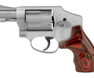 Profile view of a silver revolver with a polished metal frame and dark wooden grip against a white background.