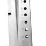 Detached metal handgun magazine with a black plastic floorplate at the bottom and round witness holes along the side for rounds load status.