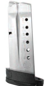Detached metal handgun magazine with a black plastic floorplate at the bottom and round witness holes along the side for rounds load status.