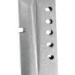 Metal handgun magazine with six round-count holes and a black base plate (close-up).