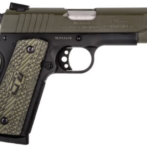 Left-side view of a semi-automatic pistol with an olive-green slide and patterned grip.