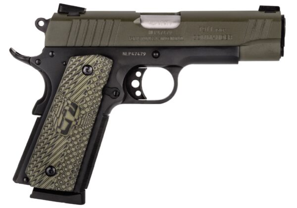 Left-side view of a semi-automatic pistol with an olive-green slide and patterned grip.