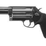 Black revolver pistol shown in profile with a textured grip and exposed cylinder.