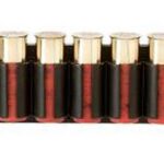 Six lipstick tubes with gold caps in a black holder, arranged in a row.