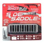 Packaging for a Shotgun Saddle accessory with a metal ribbed component on a red card surface.