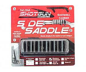 Packaging for a Shotgun Saddle accessory with a metal ribbed component on a red card surface.