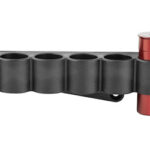 Black modular plastic tube organizer with six rounded slots and a red end cap on the right.