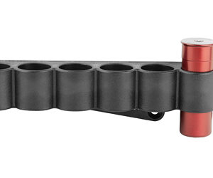Black modular plastic tube organizer with six rounded slots and a red end cap on the right.