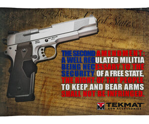 Silver semi-automatic handgun on a textured background with bold blue and red Second Amendment text and TekMat logo.