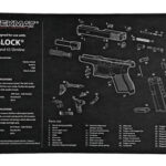 TekMat Glock 42/43 Slimline gun cleaning mat with exploded diagram of a pistol and parts list, on a black background.