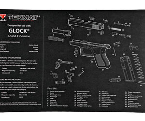 TekMat Glock 42/43 Slimline gun cleaning mat with exploded diagram of a pistol and parts list, on a black background.