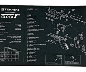 Black TekMat Glock parts mat showing an exploded diagram and parts list for disassembly and assembly.