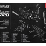 Exploded-view diagram and parts list for a SIG SAUER P320 on a TekMat disassembly mat.