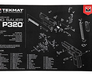 Exploded-view diagram and parts list for a SIG SAUER P320 on a TekMat disassembly mat.