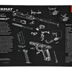 Exploded view schematic of a Smith & Wesson M&P Shield pistol on a Tekmat work mat, with labeled parts and a parts list.