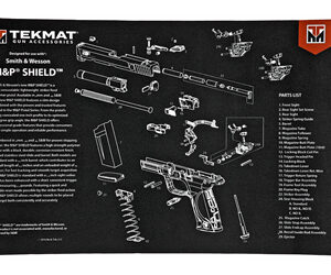 Exploded view schematic of a Smith & Wesson M&P Shield pistol on a Tekmat work mat, with labeled parts and a parts list.