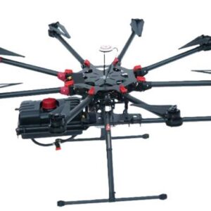 Octocopter agricultural drone with spray booms and chemical tank for field crop spraying
