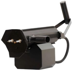 Handheld industrial tool with a black, vented body, a cylindrical nozzle, and an ergonomic rear handle attached to a short power cable.