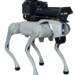 Four‑legged gray robotic dog with a black camera/turret payload mounted on its back.