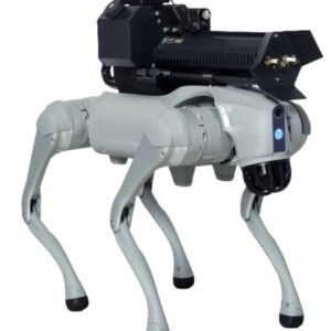 Four‑legged gray robotic dog with a black camera/turret payload mounted on its back.
