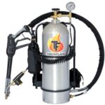 Propane-powered flamethrower backpack with gauge, hoses, and Throwflame nozzle.