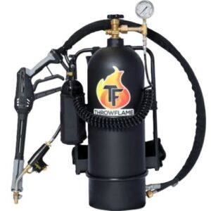 Propane-powered flamethrower device with a black fuel tank, hose, and a pressure gauge labeled ThrowFlame.
