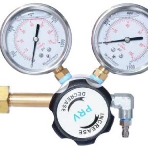 Propane gas regulator with two gauges and copper inlet/outlet, used to control gas pressure.