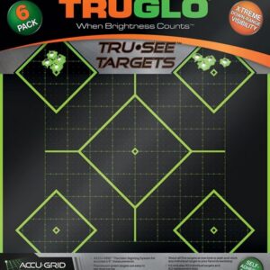 Packaging image for TruGlo Tru-See Targets 6-pack, featuring neon-green diamond target faces on a dark grid background.