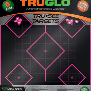 Package for Tru-Glo Tru-See Targets, six pink-outlined diamond targets on a black practice backdrop.