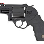 Side view of a compact black revolver with a short barrel and ergonomic grip, showing the exposed cylinder