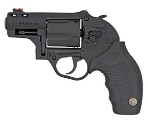 Side view of a compact black revolver with a short barrel and ergonomic grip, showing the exposed cylinder