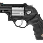 Compact black revolver with a silver cylinder and ergonomic grip (side view)