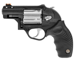 Compact black revolver with a silver cylinder and ergonomic grip (side view)